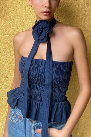 Denim top with tie rose