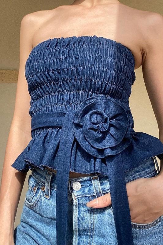 Denim top with tie rose