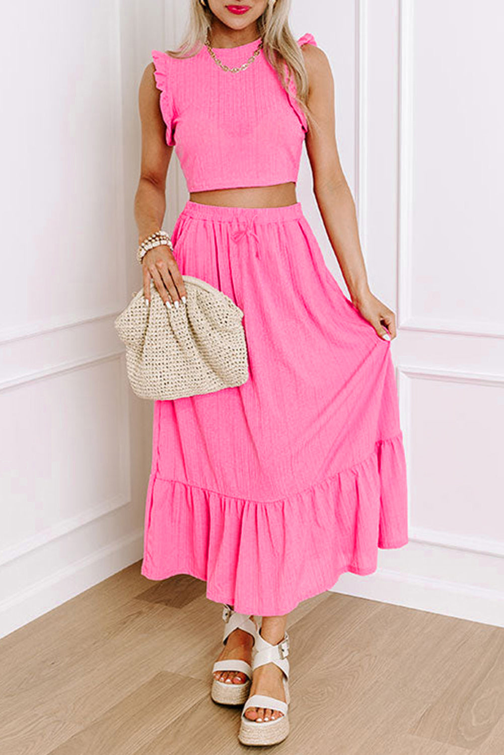 Bonbon Textured Ruffle Trim Crop Top and Drawstring Skirt Set